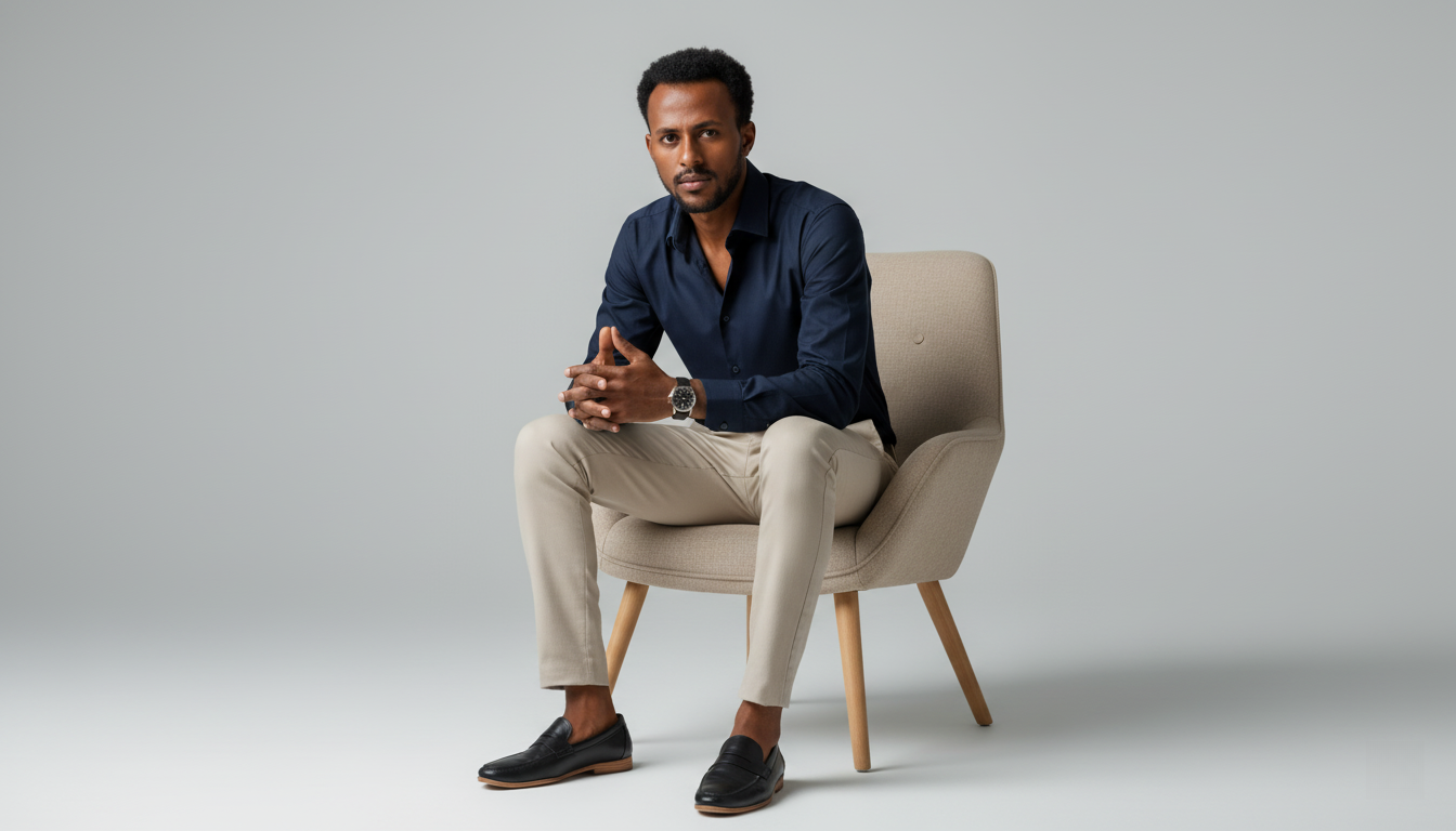 Studio portrait of a confident man in a dark navy shirt, sitting on a beige armchair, with a light gray background and soft natural lighting.