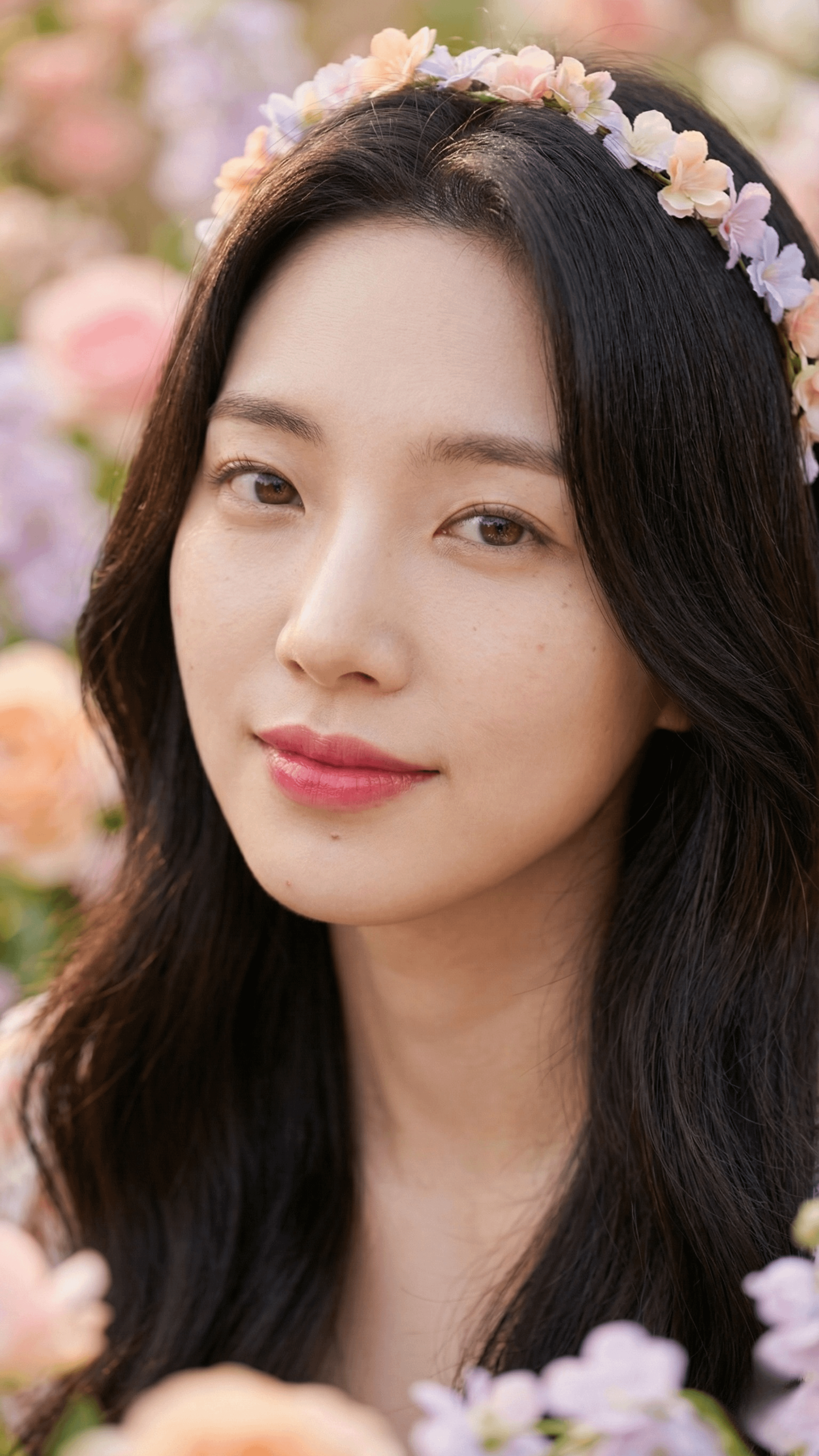 Floral Crown Portrait Soft Smile Bokeh Roses