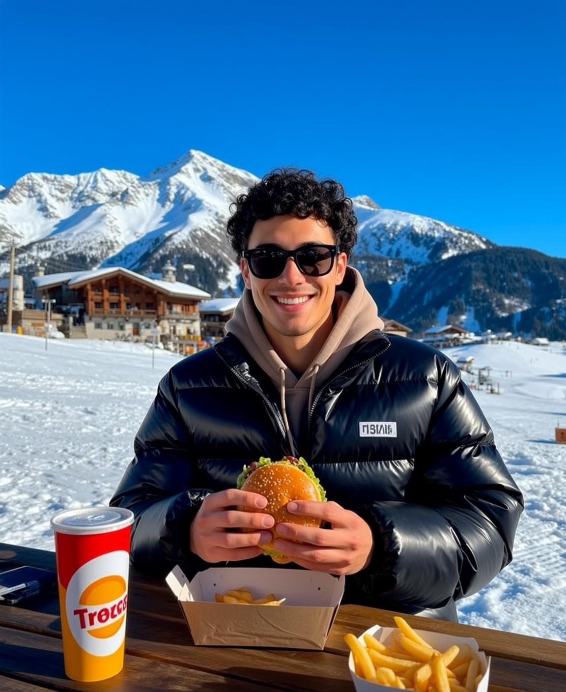 Young Man With Curly Black Hair And Dark Sunglasses Holding reference photo
