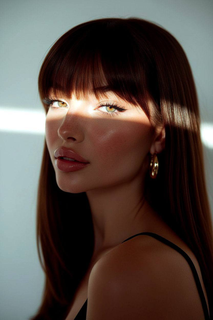 A stunning close-up of a face with soft makeup highlighting the eyes and lips, dramatic lighting showcasing skin texture.