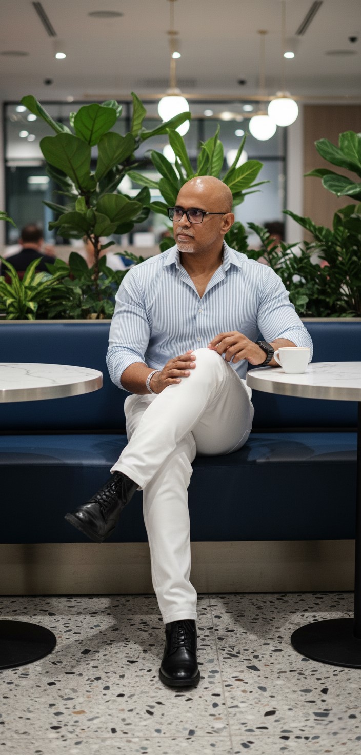 Hyper-realistic portrait of a stylish man in a modern cafe with blue accents, wearing a light blue striped shirt and white pants.