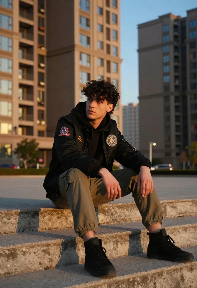Young Man Sits Casually Concrete Steps Front Tall Residential Apartment