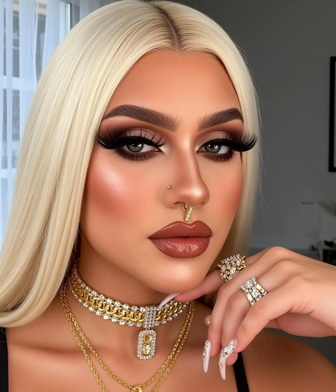Halloween Makeup Long Blonde Tanned Black Ring