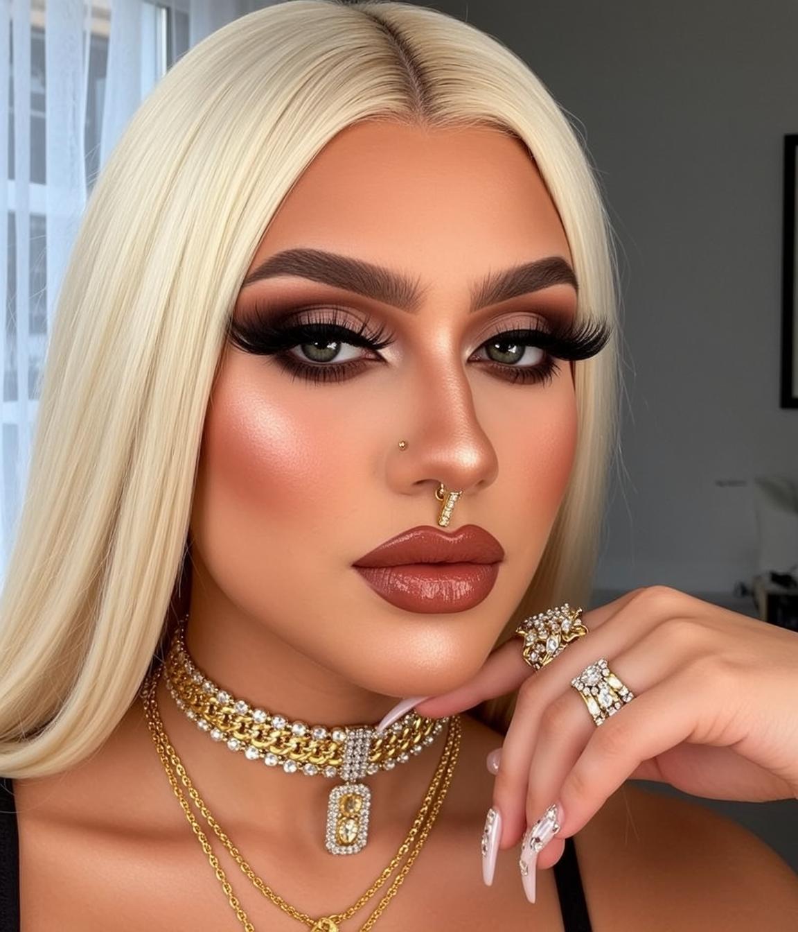 Halloween Makeup Long Blonde Tanned Black Ring