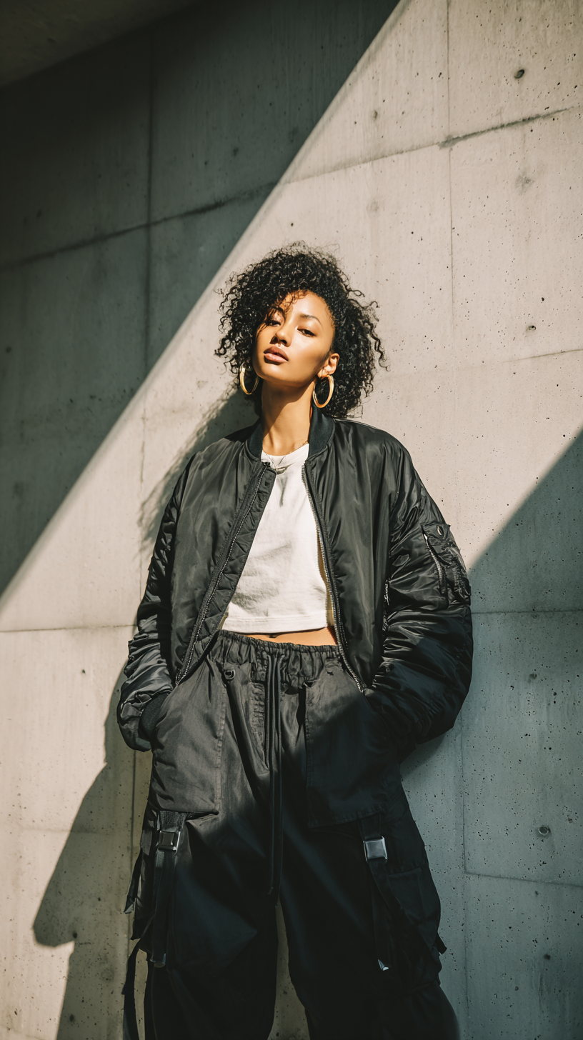 A confident person with voluminous curly hair leans against a textured light grey wall wearing a bomber jacket and cargo pants.