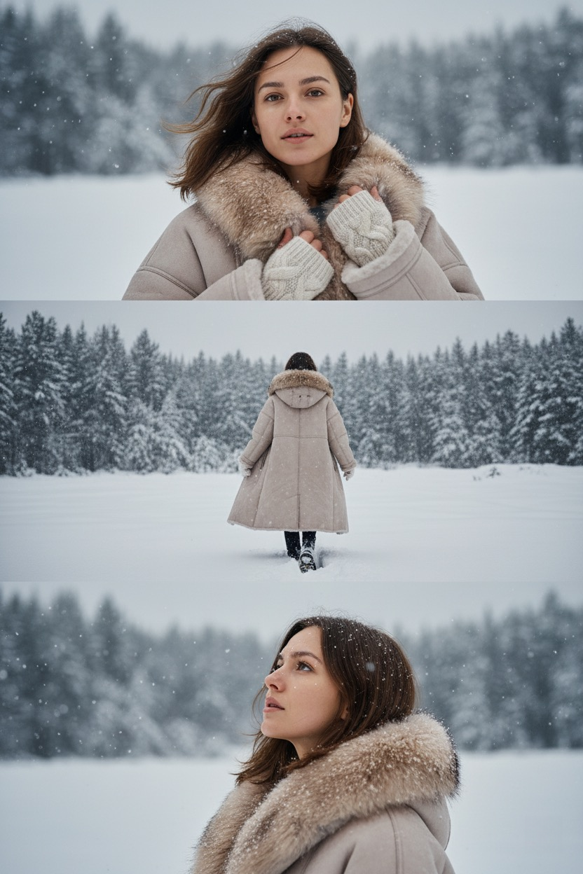 A stylish woman in a light beige oversized winter coat poses confidently in a snowy landscape, softly falling snowflakes around her.