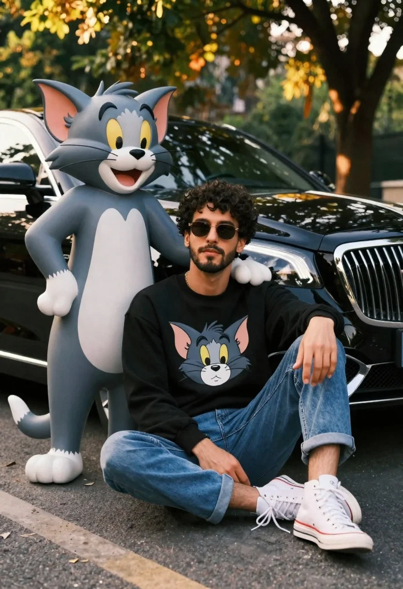 Young Man With Curly Dark Hair And Beard Sits Casually