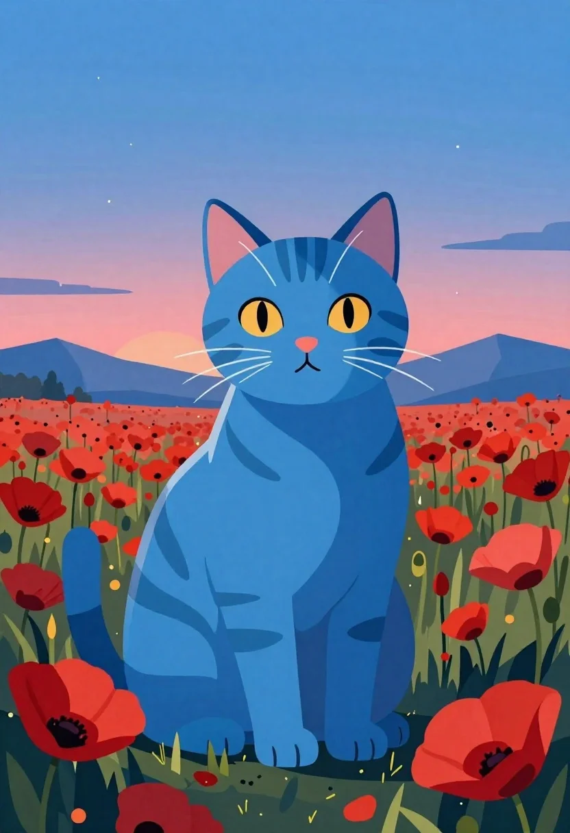 Digital Illustration Blue Tabby Cat Sitting Field Red Poppies Under reference photo