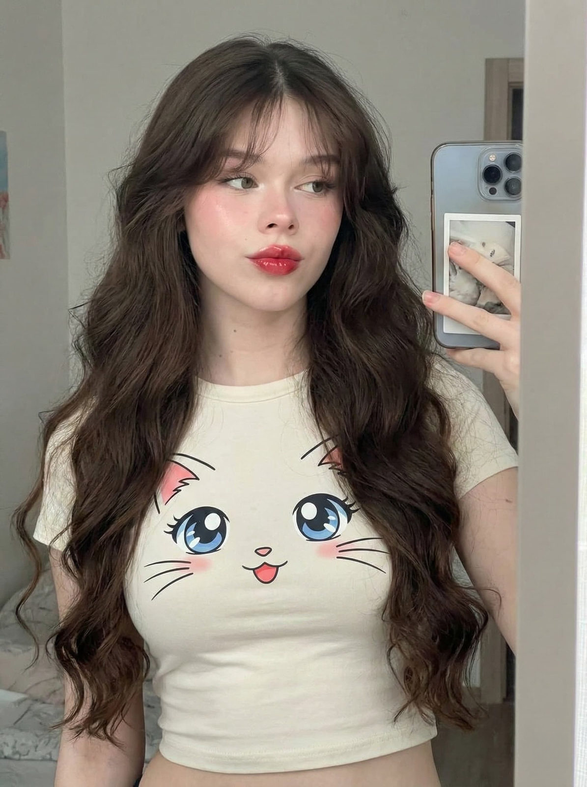 A young woman with long dark waves takes a mirror selfie, wearing a cream t-shirt with an anime cat face design.