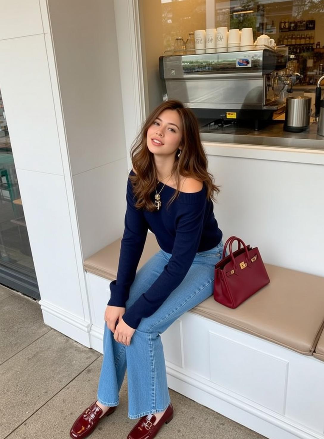 Navy Sweater Cafe Bench Look