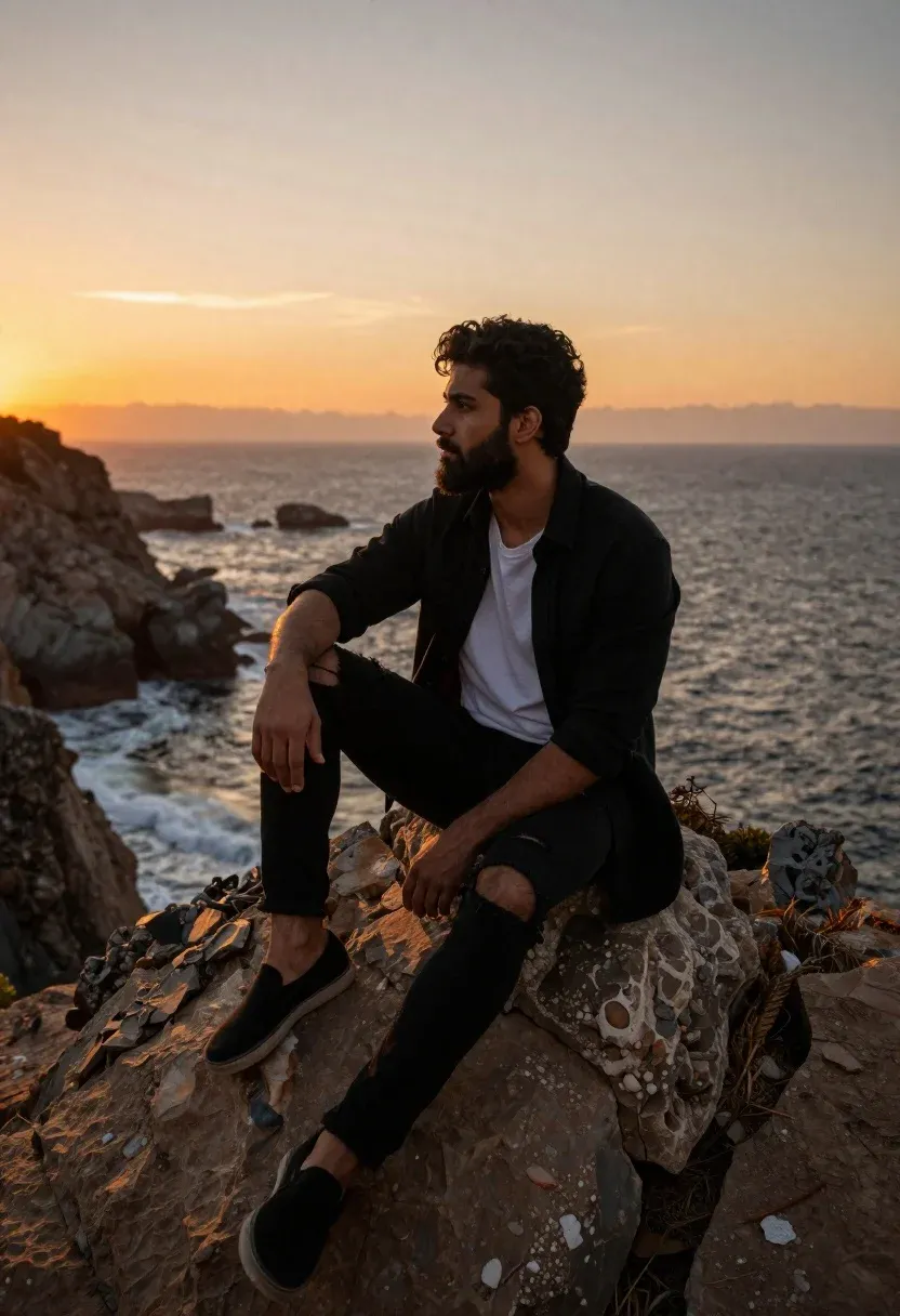 Handsome Man With Dark Curly Hair And Beard Sits Rocky
