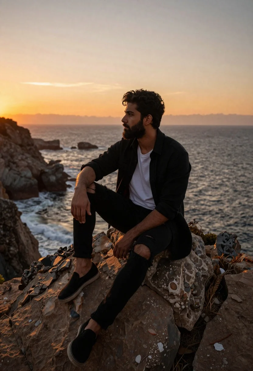 Handsome Man With Dark Curly Hair And Beard Sits Rocky