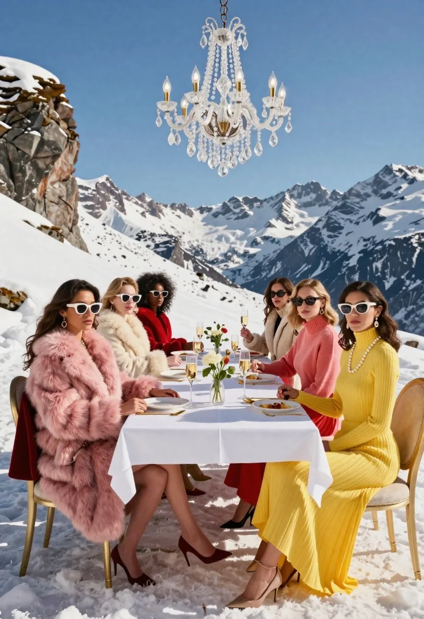 Luxurious Outdoor Dining Table Set Against Snowy Mountain Backdrop Under reference photo