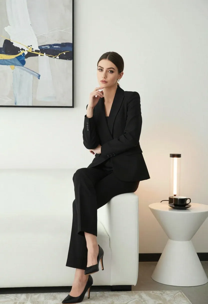 High-quality Photo Woman Professional Attire Posing Confidently White Furniture Inside