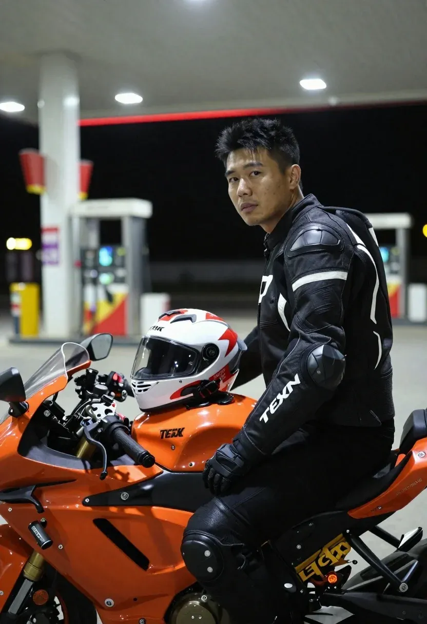Realistic Photograph Man Sitting Orange Sportbike Night Under Gas Station