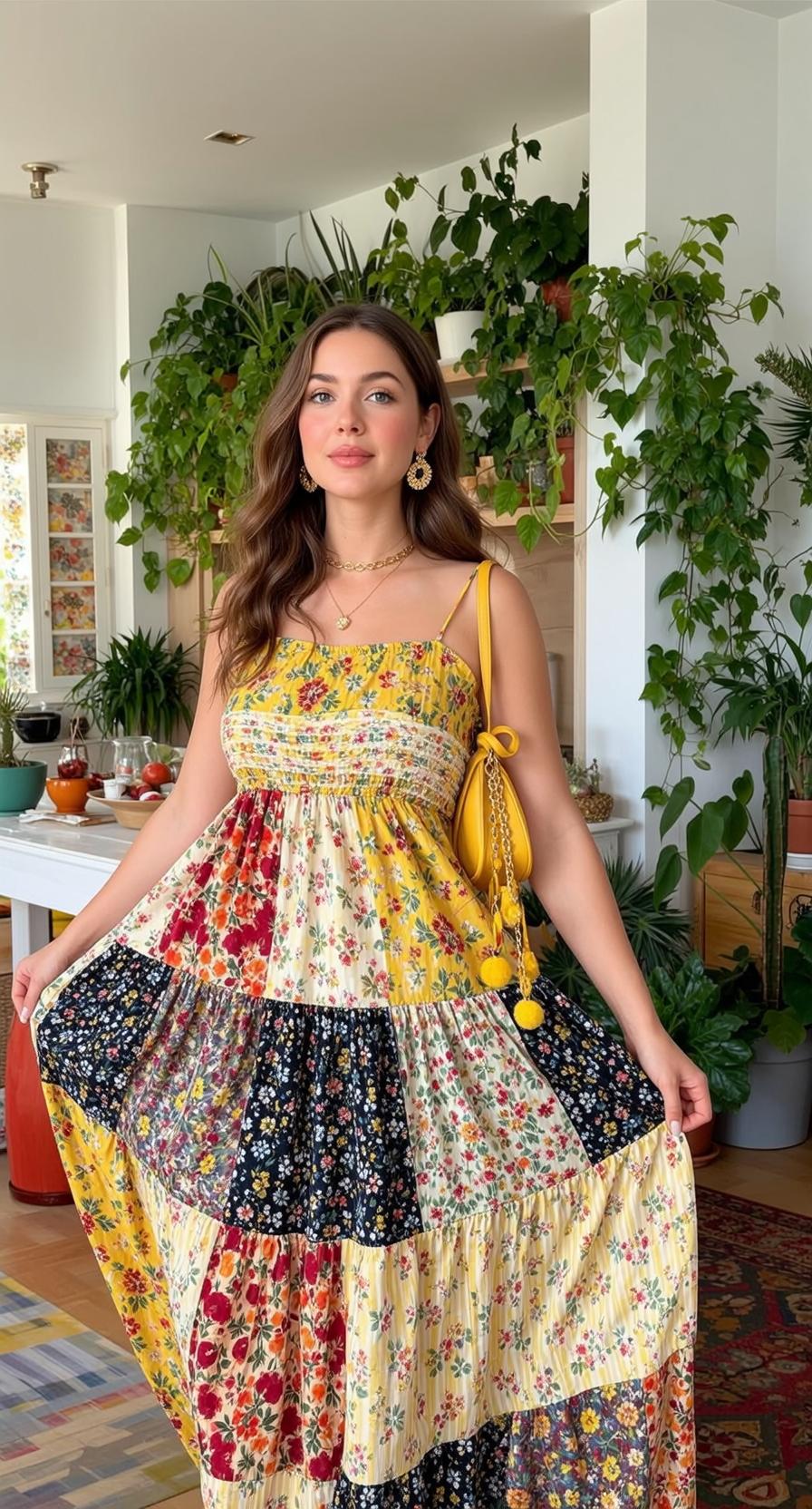 Floral Skirt And Yellow Camisole With Plants