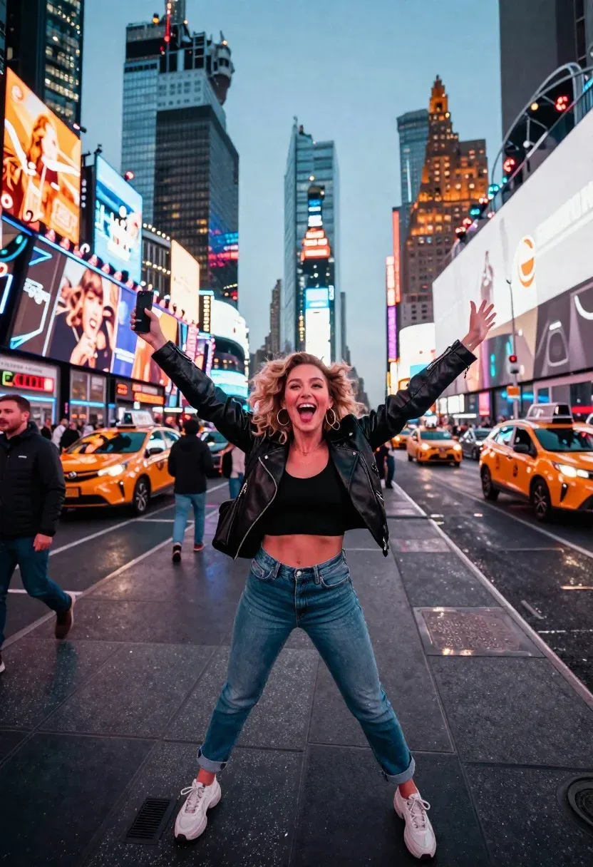 Electric Times Square Selfie Scene Exhilarated Tourist Woman Amidst New