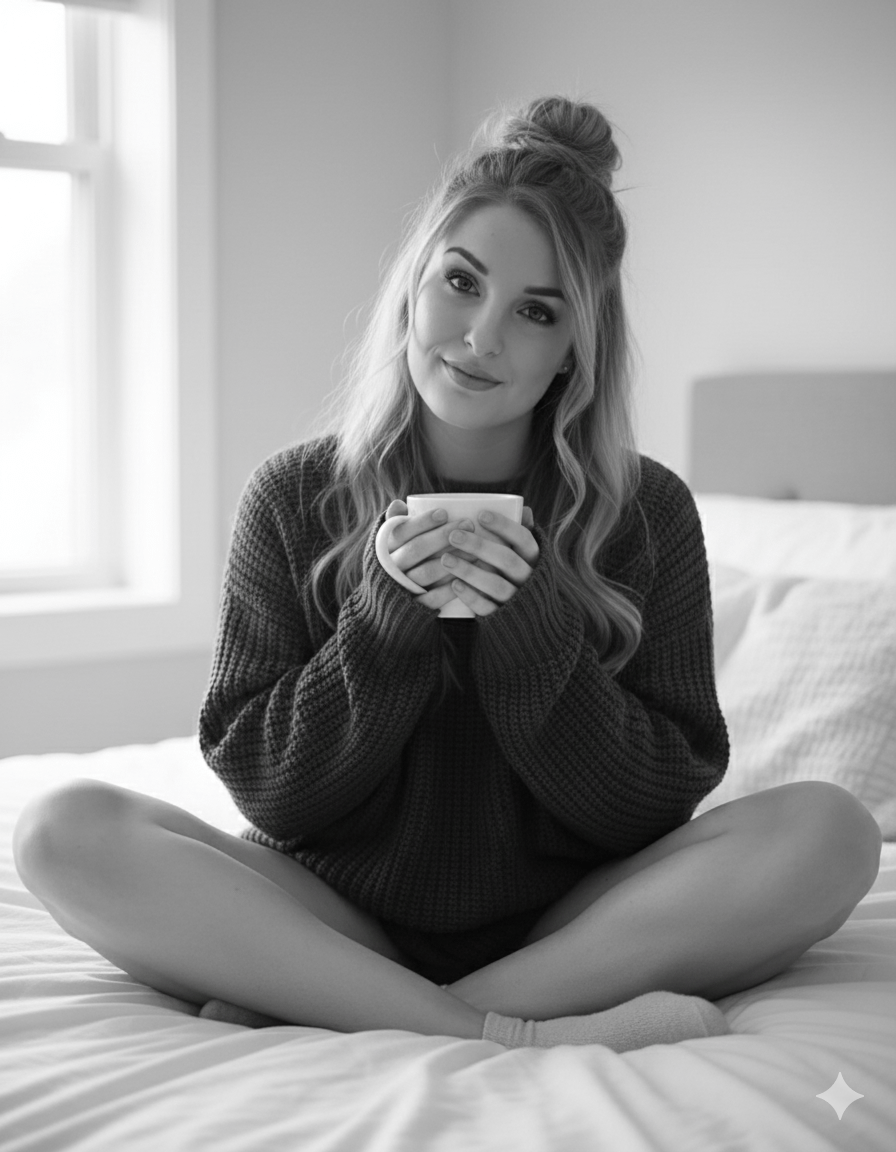 Dreamy Black And White Woman Cozy Knit Sweater Mug