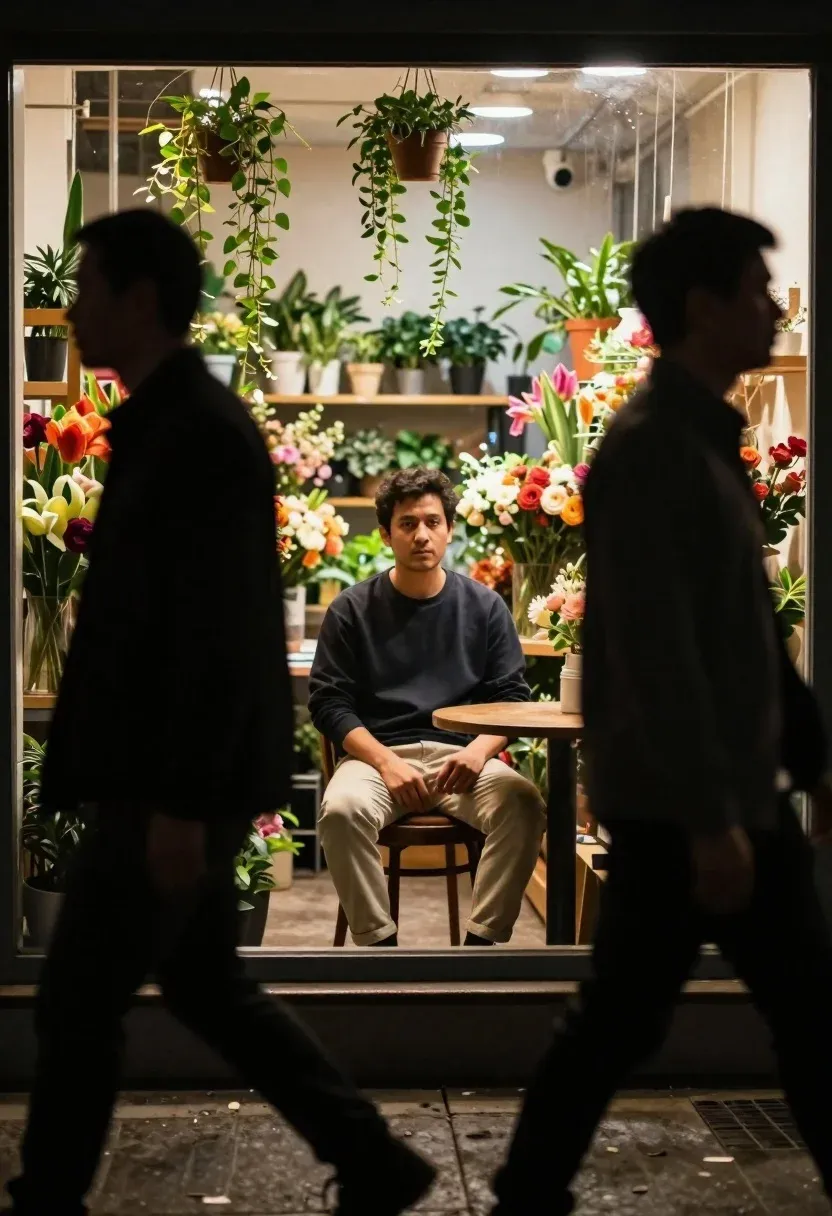 Cinematic Shot Man Sitting Alone Table Inside Flower Shop Viewed