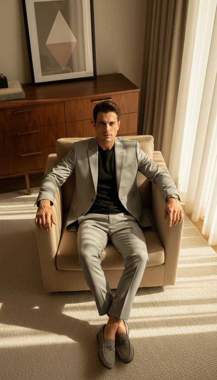 A person in a light gray suit seated in a sand-colored armchair, hands resting on the armrests, looking confidently at the camera.