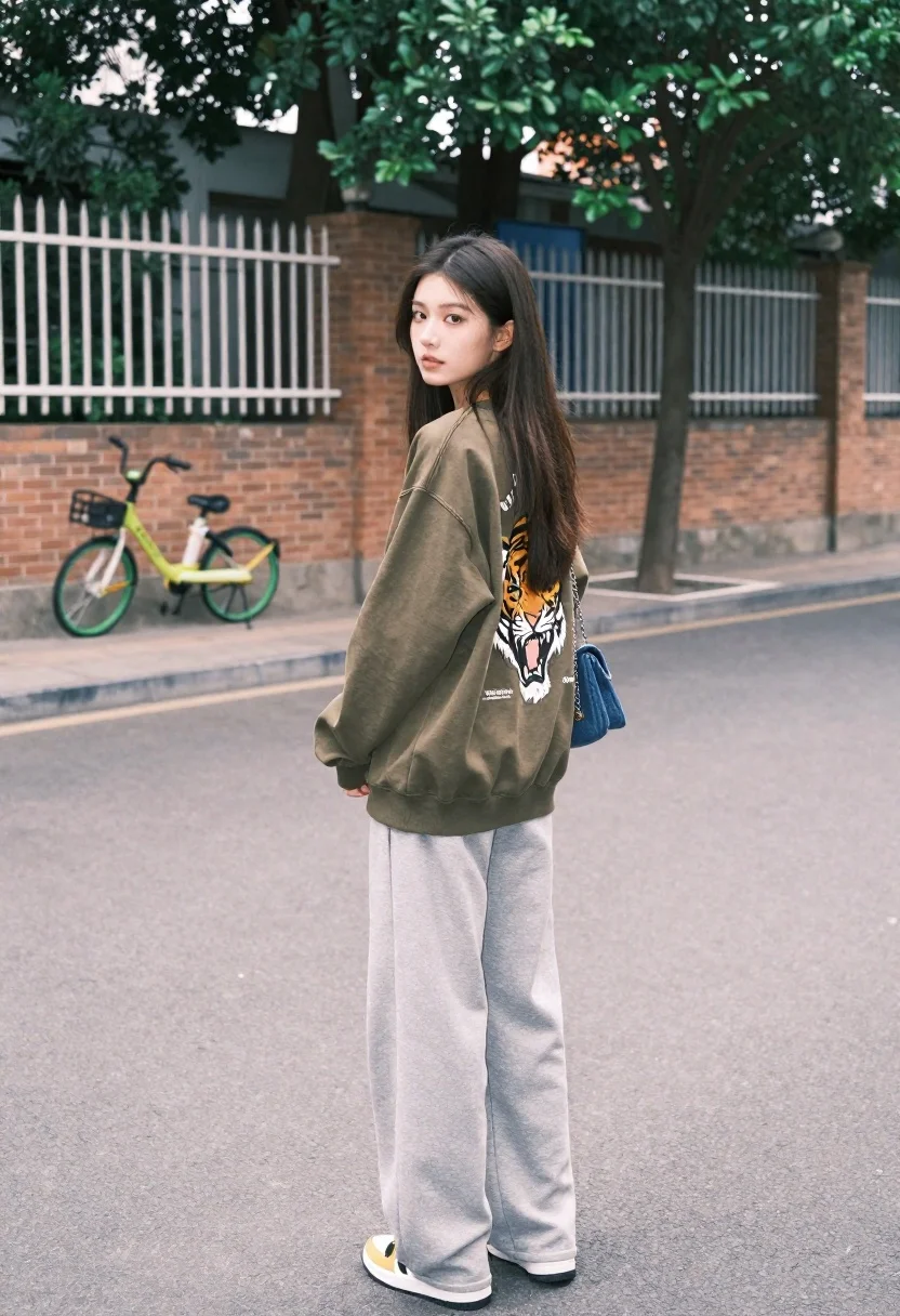 Young Woman With Long Dark Hair Stands Paved Street Looking reference photo