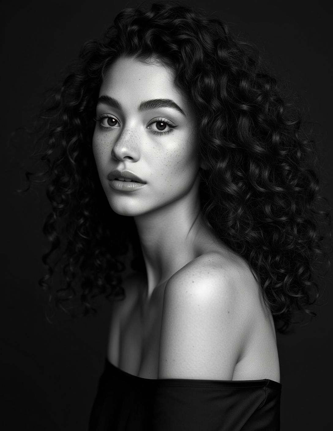 Medium Close-up Portrait Young Woman With Dark Voluminous Curly Hair