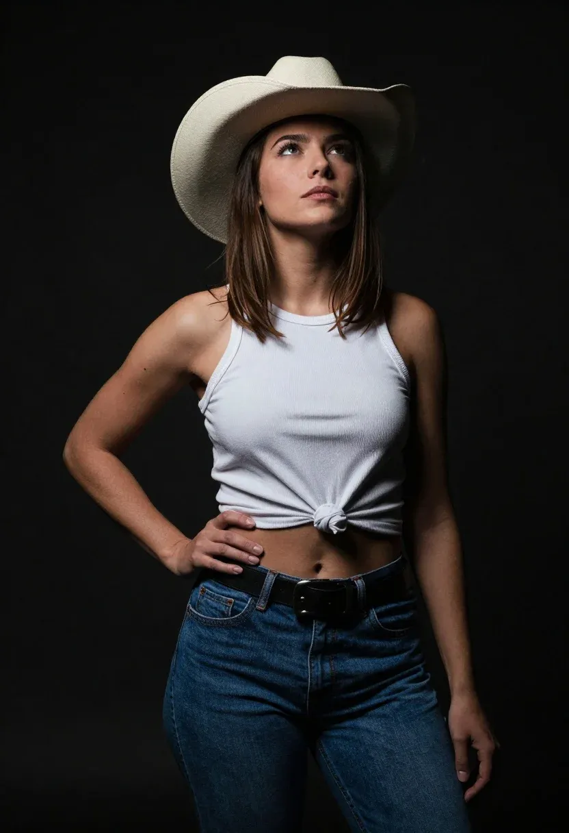 Confident Woman Wearing Cowboy Hat Stands With Her Hand Her