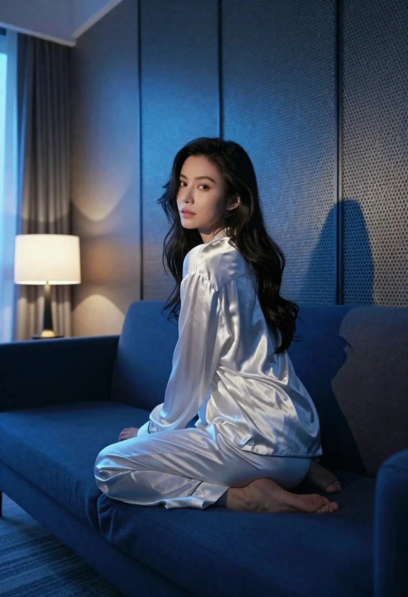 Woman With Long Dark Hair Sits Deep Blue Sofa Dimly reference photo