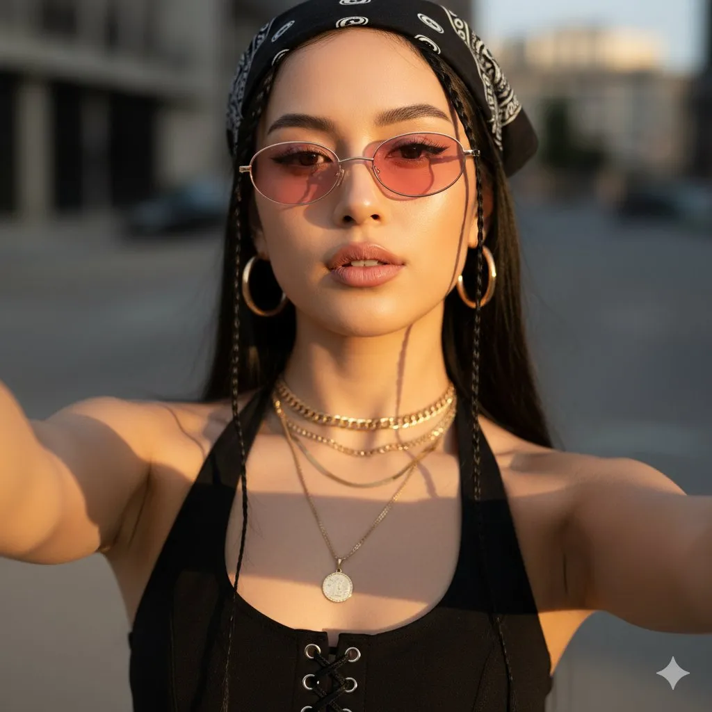 Sunglasses And Earrings And Necklace With Form Fitting Halter Top