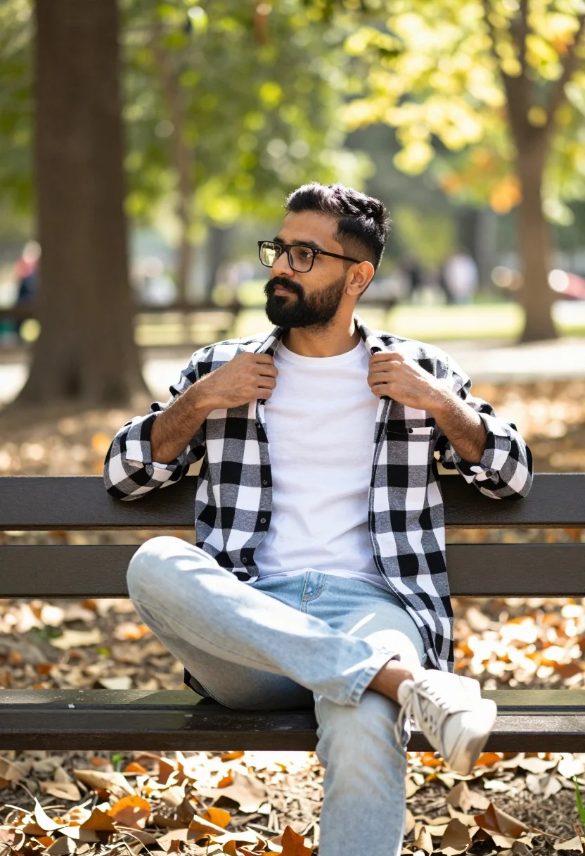Man Sits Casually Wooden Bench Sunlit Park With Trees And