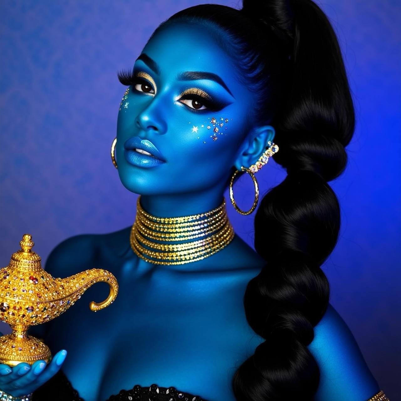 Halloween Makeup Blue Skin Long Black Braided