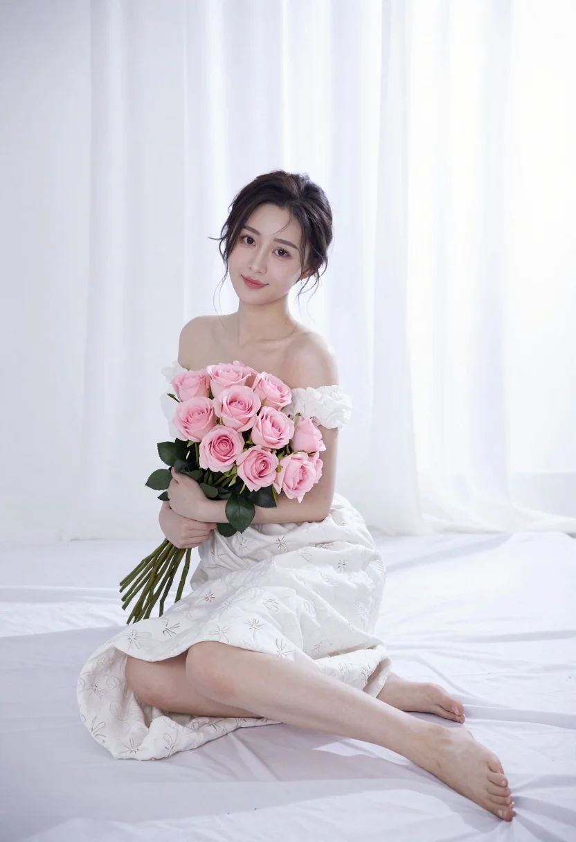 Woman Sits Gracefully White Fabric Floor Holding Large Bouquet Pink