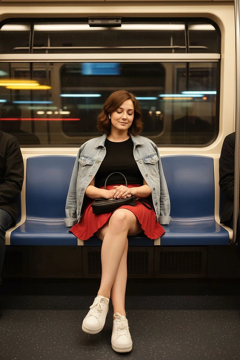 The same woman in a light jacket, holding a small handbag on her lap, surrounded by a bustling metro environment.