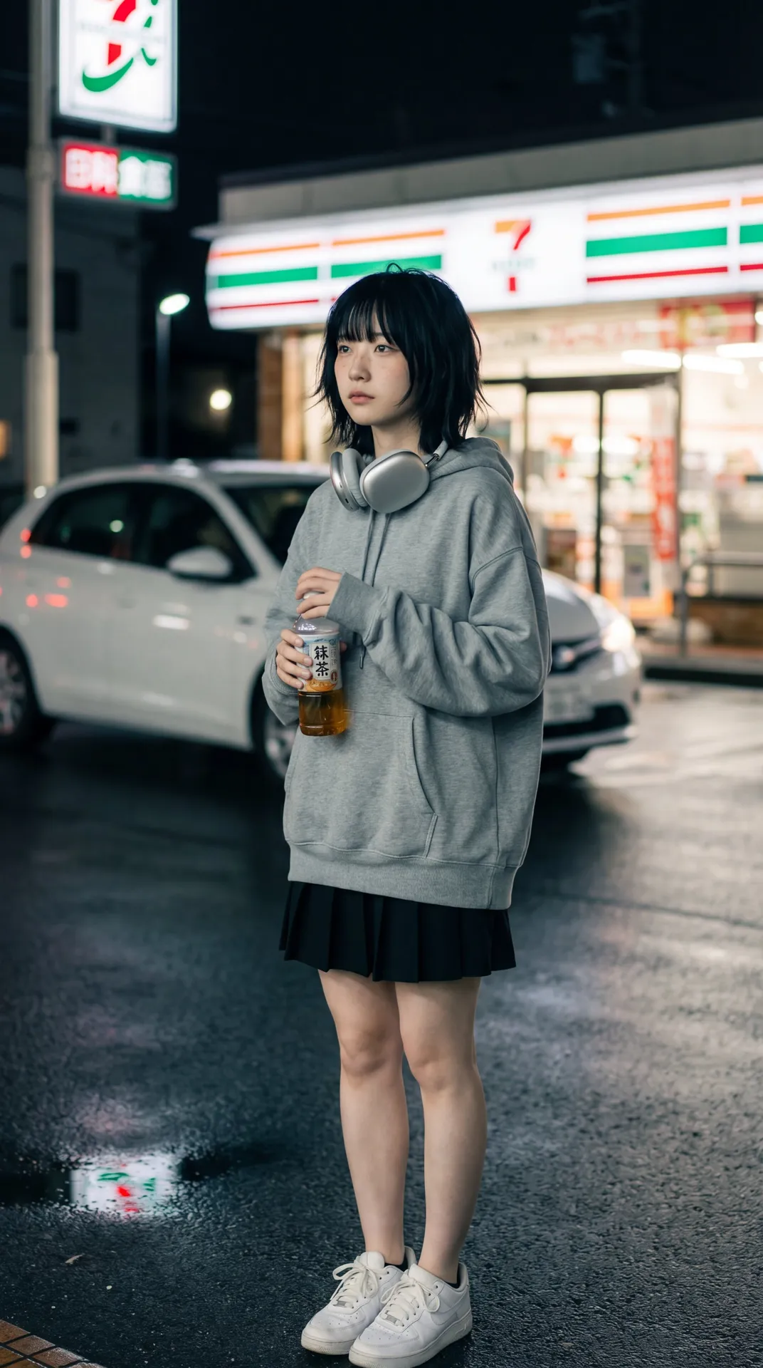 Night Street Portrait Young Woman Grey Hoodie Store