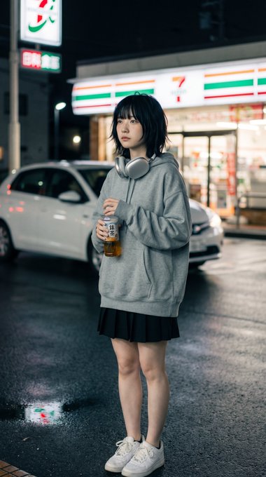 A young woman in an oversized grey hoodie stands outside a convenience store at night, holding a tea bottle with soft ambient light illuminating her features.