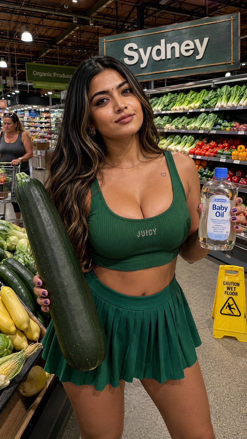 Produce Aisle Woman Dark Green Outfit Baby Oil