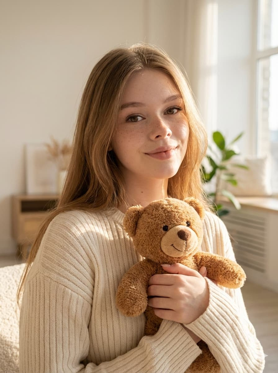 A cozy half-body portrait of a woman holding a soft toy in a warm sweater, illuminated by low afternoon light in a minimalist room.