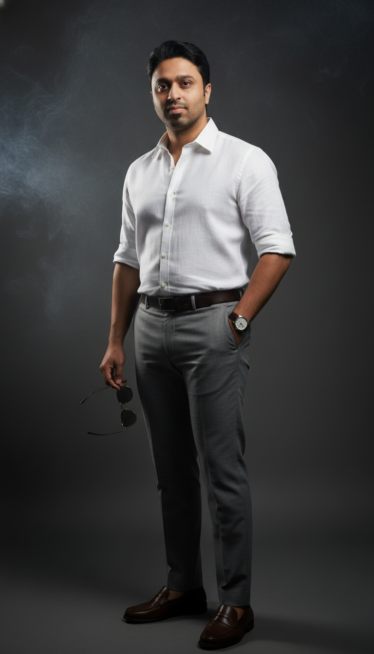 Hyper-realistic portrait of a man in a studio, wearing a crisp white shirt and tailored trousers, surrounded by soft smoke and dramatic lighting.