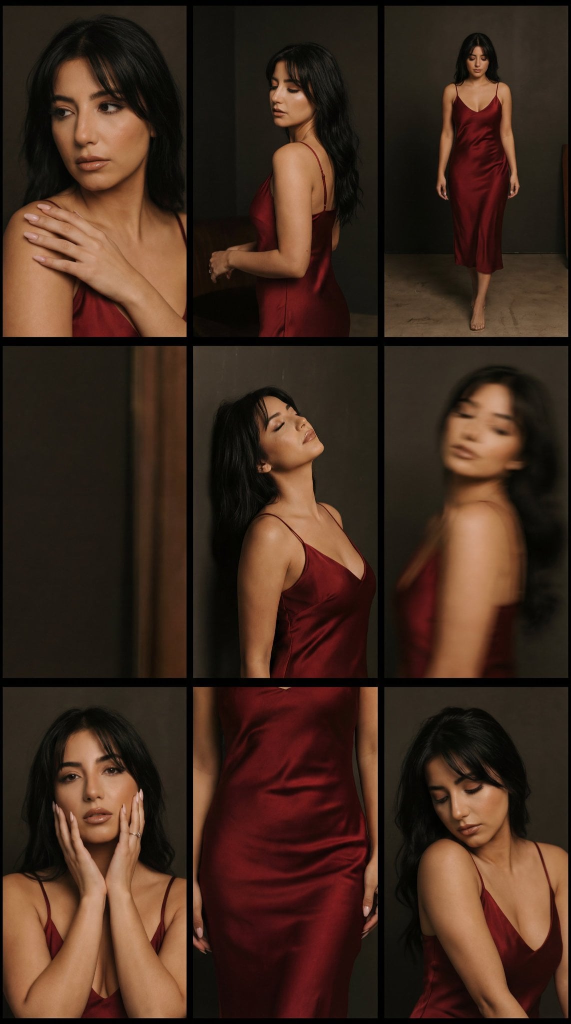 Close-up of a woman in a deep red satin dress, soft focus, intimate mood.