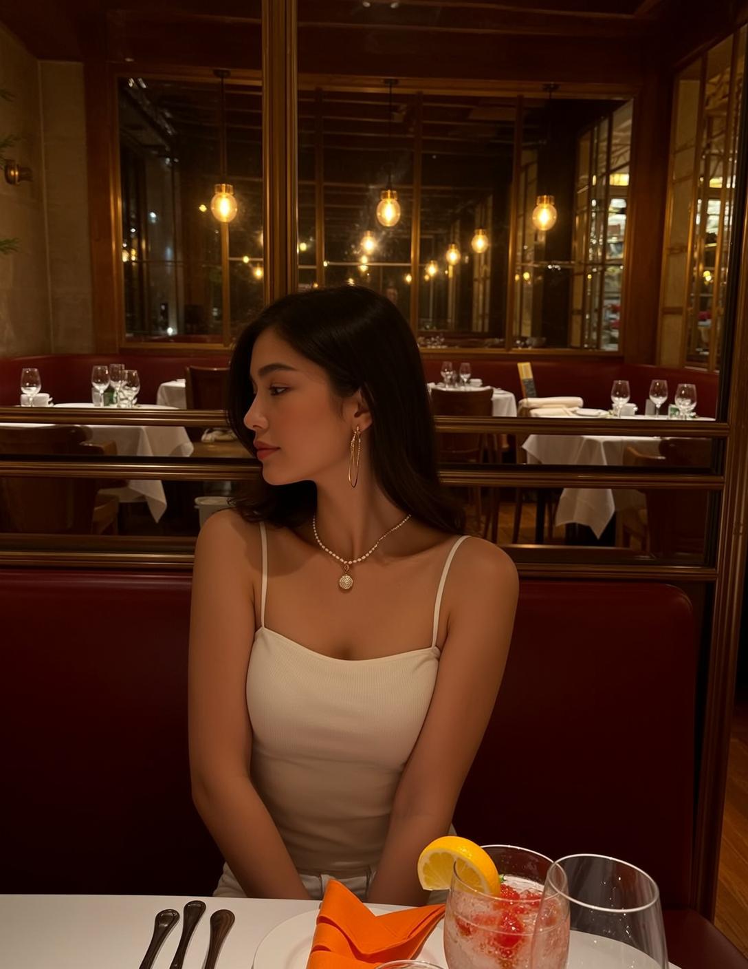 Explore Seated Table Restaurant Looking Her Left