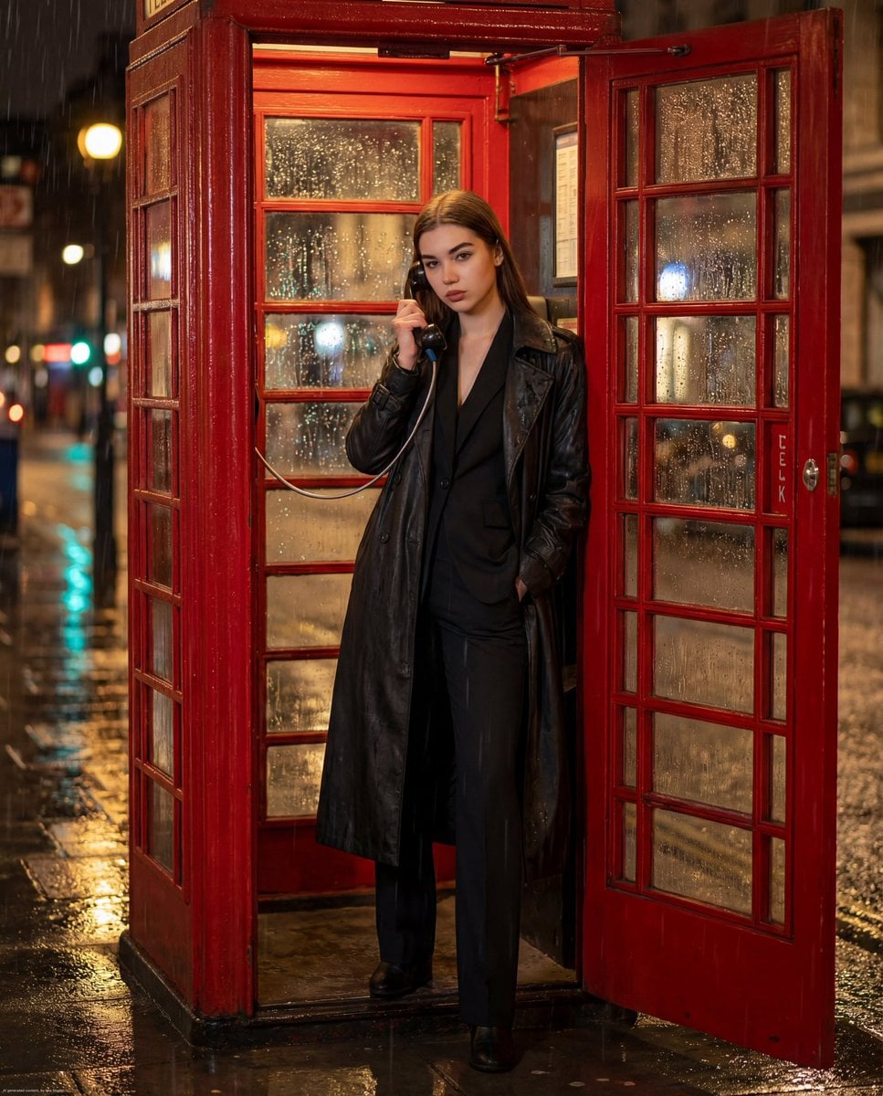 Female In London Telephone Booth Rainy Night