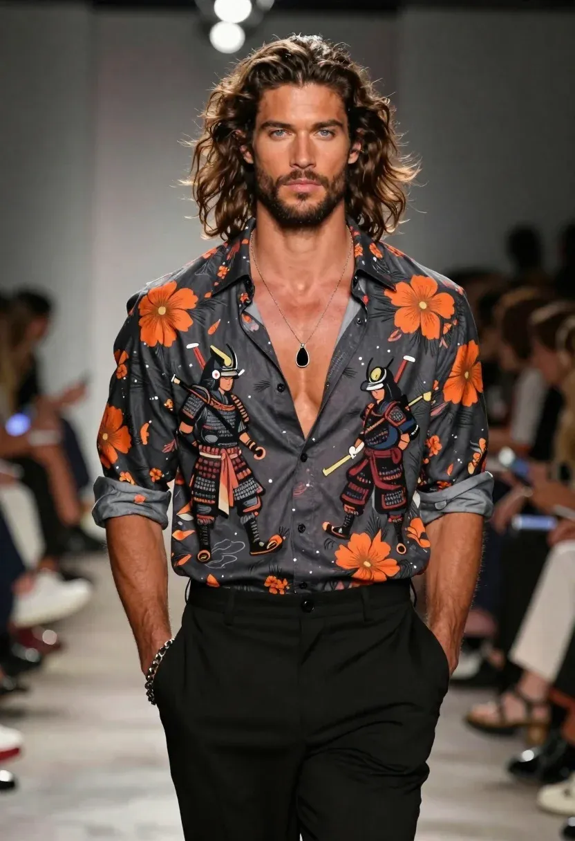 Handsome Male Model With Long Wavy Brown Hair And Beard
