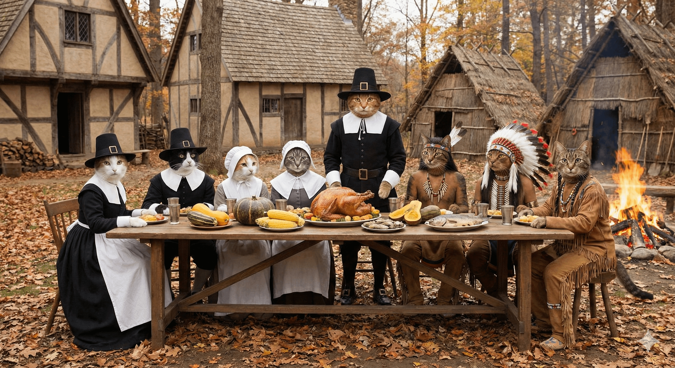 Eight Cats Feast At Colonial Banquet Table