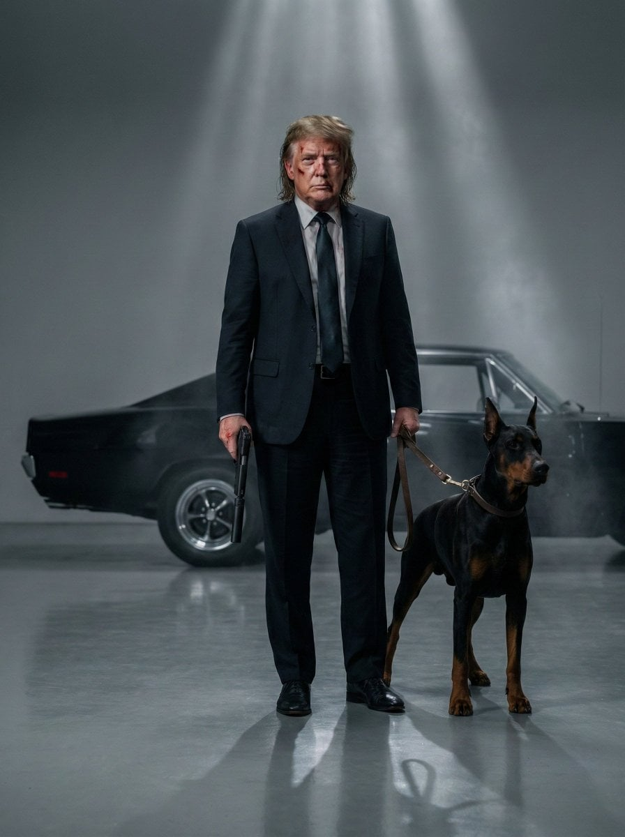 Cinematic shot of a hitman in a black suit with a Doberman beside a vintage muscle car in a studio