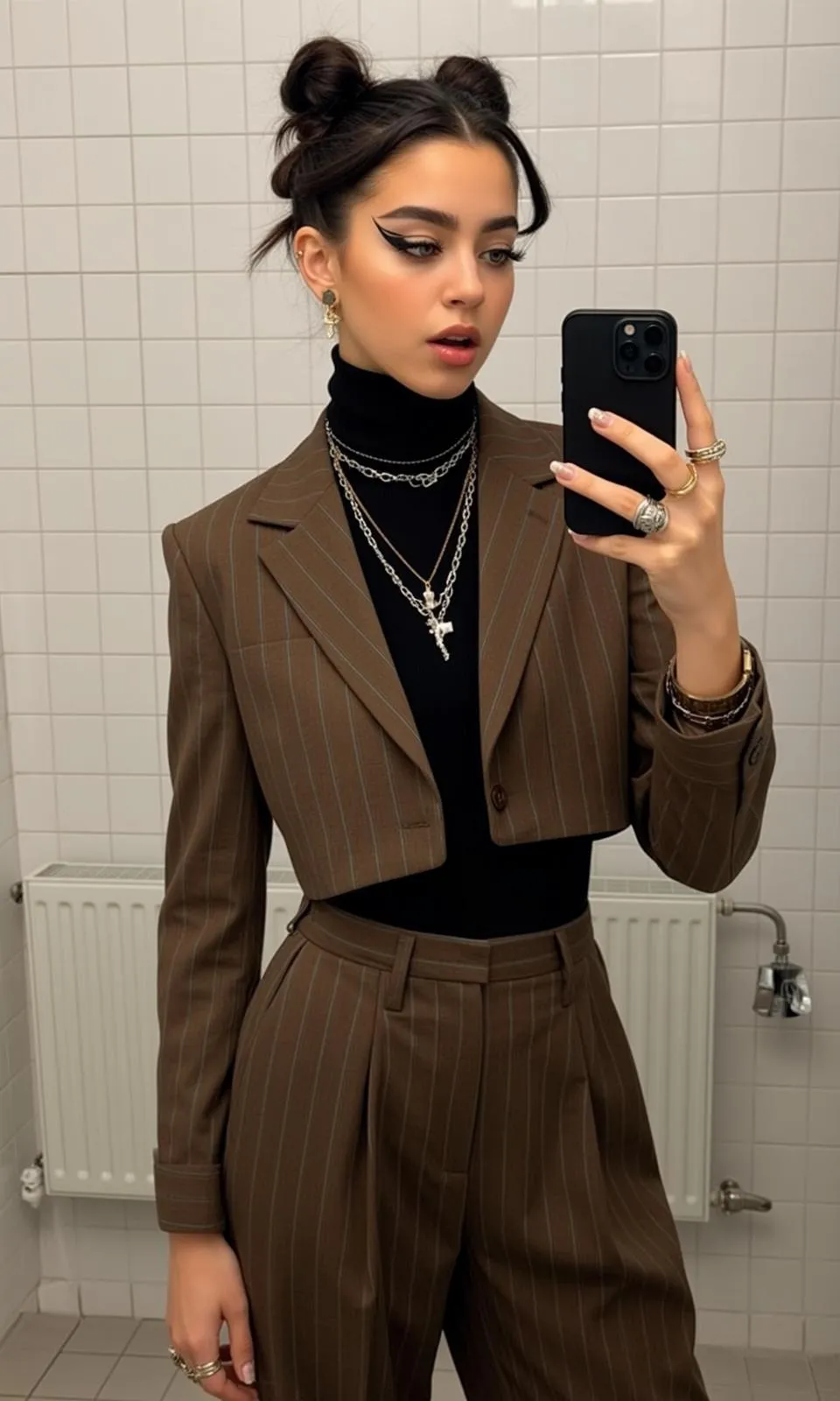 Black Turtleneck and Brown Pleated Pants Selfie on Bathroom