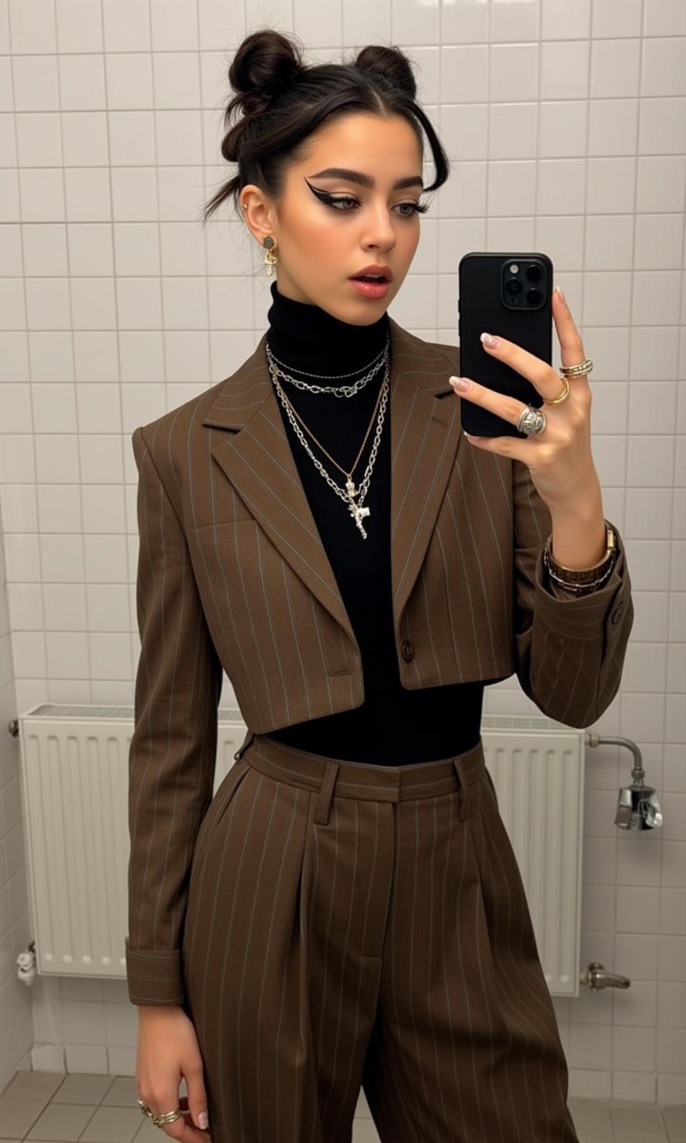 Black Turtleneck and Brown Pleated Pants Selfie on Bathroom