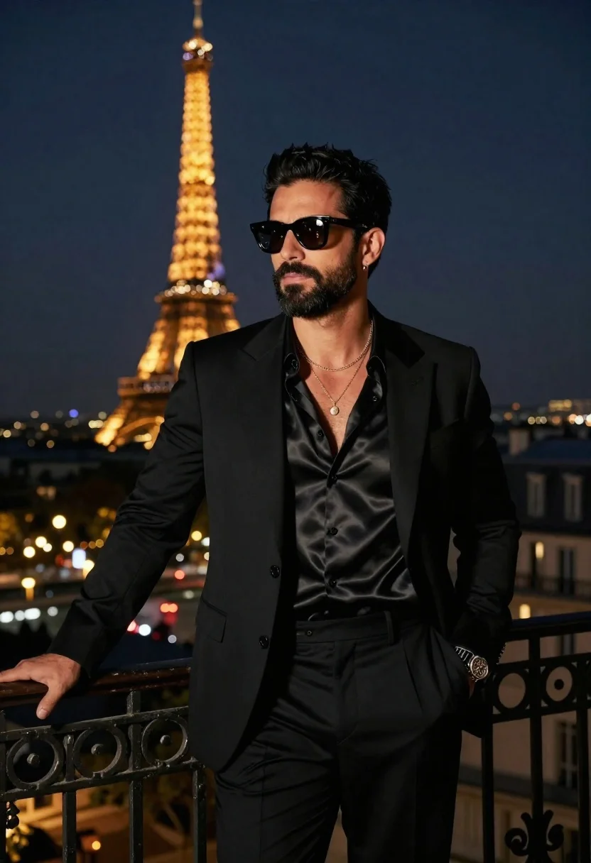 Cinematic Portrait Stylish Man Standing Ornate Balcony Night With The reference photo