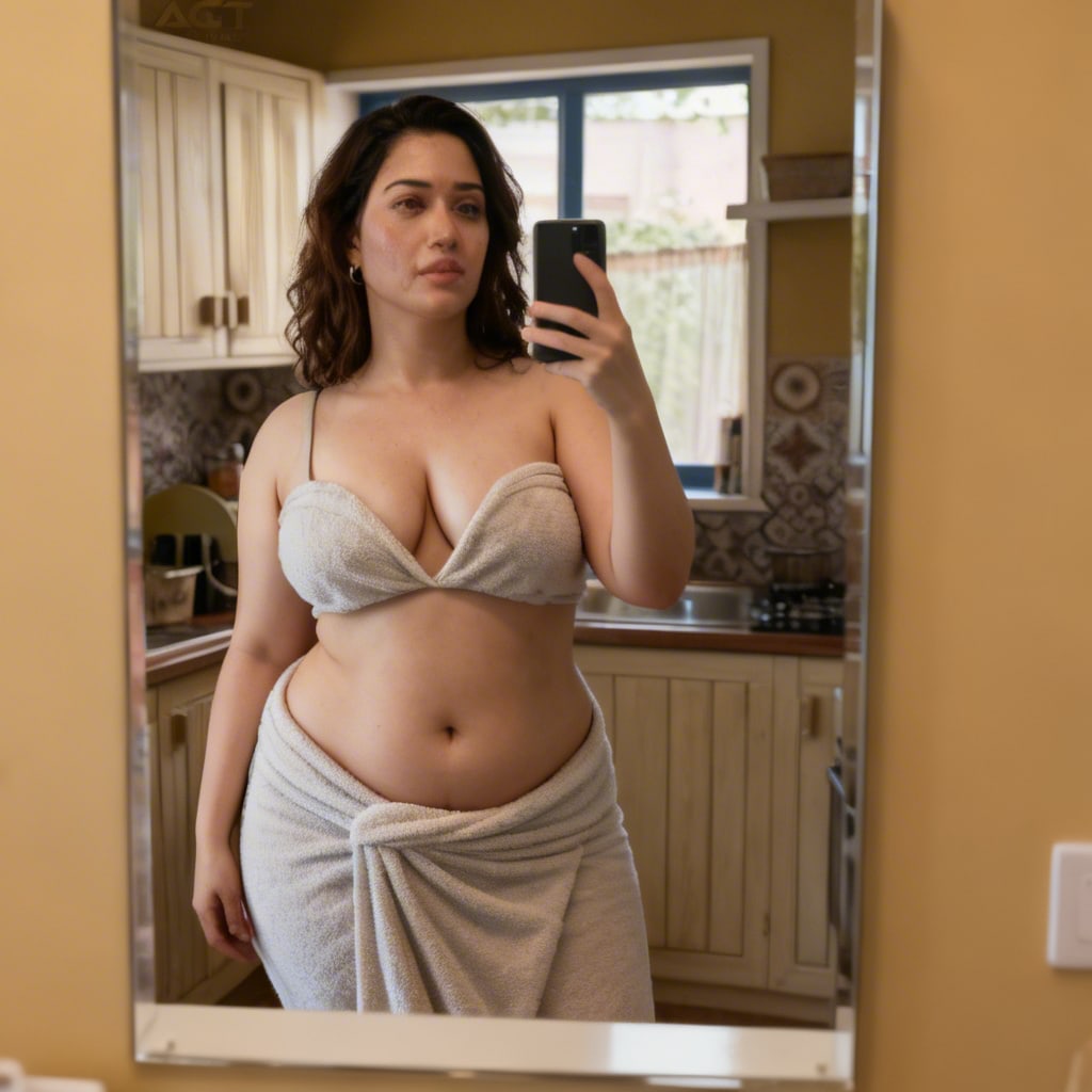 A curvy girl in a towel wrap taking a mirror selfie, showcasing her fuller butt and breasts.