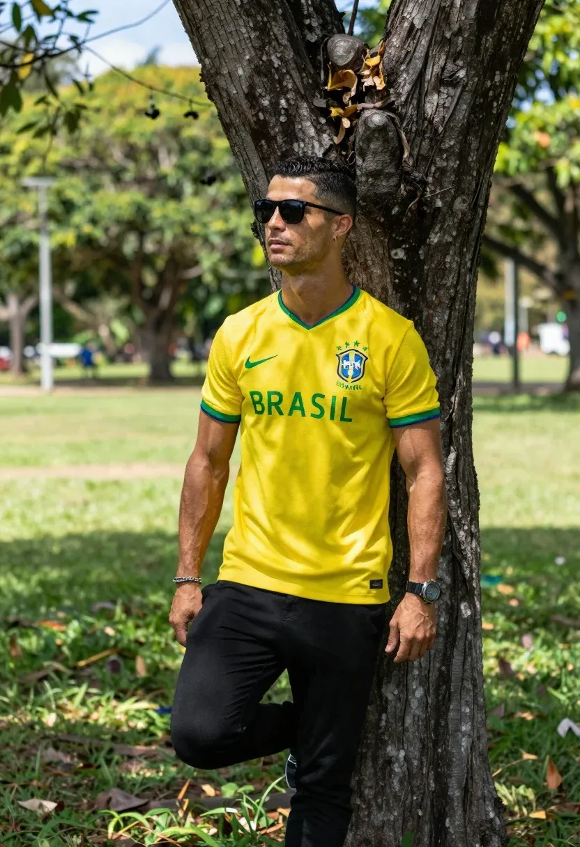 Full-body Shot Man Leaning Against The Trunk Large Tree Outdoor
