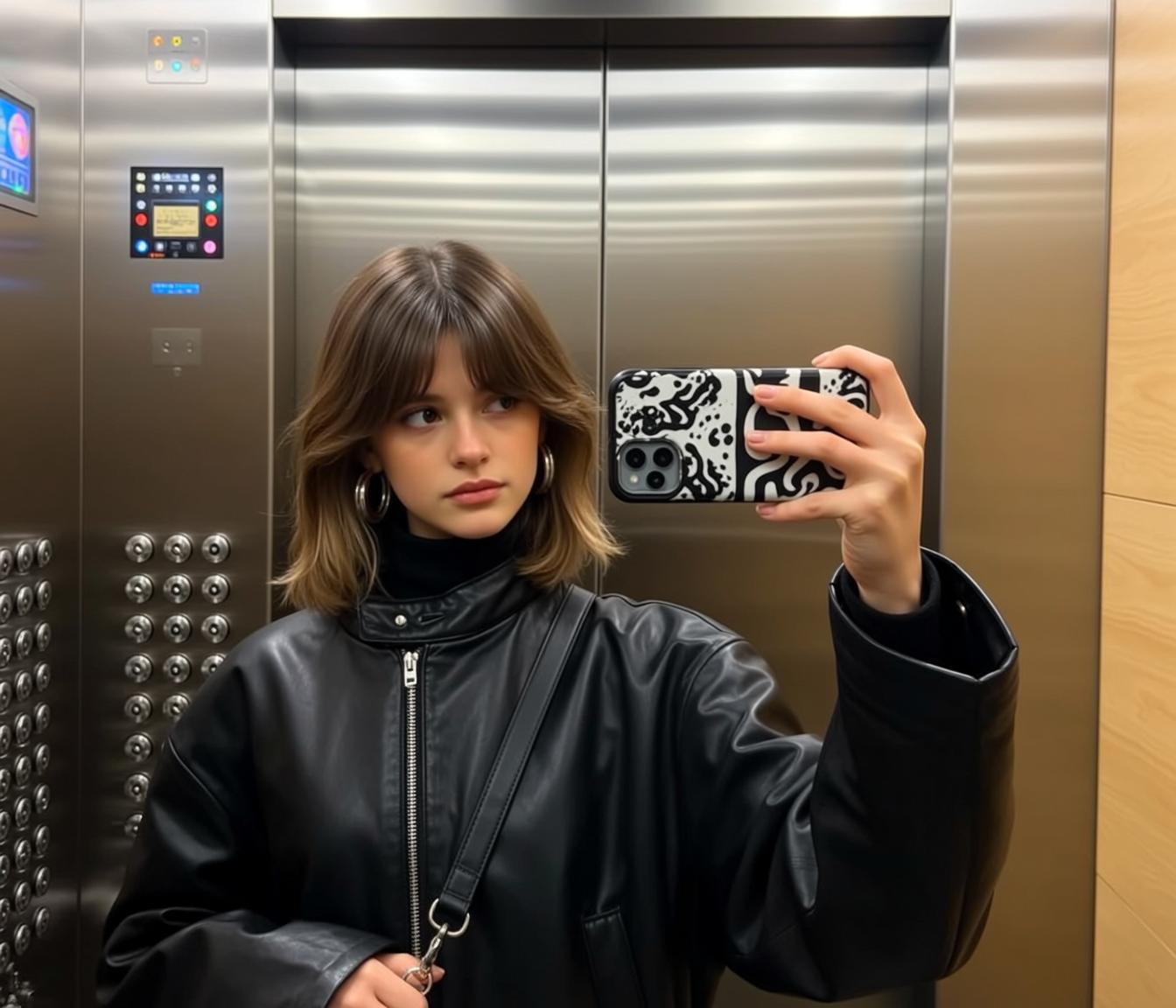 Explore Young Standing Elevator Holding Smartphone Her